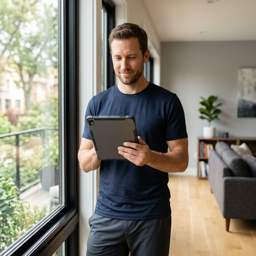 Man reviewing personalized health biomarkers on tablet