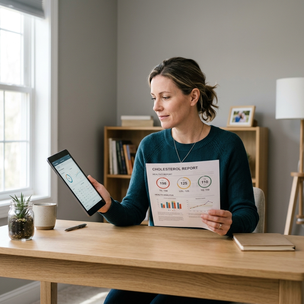 Woman reviewing cholesterol results on tablet in home office