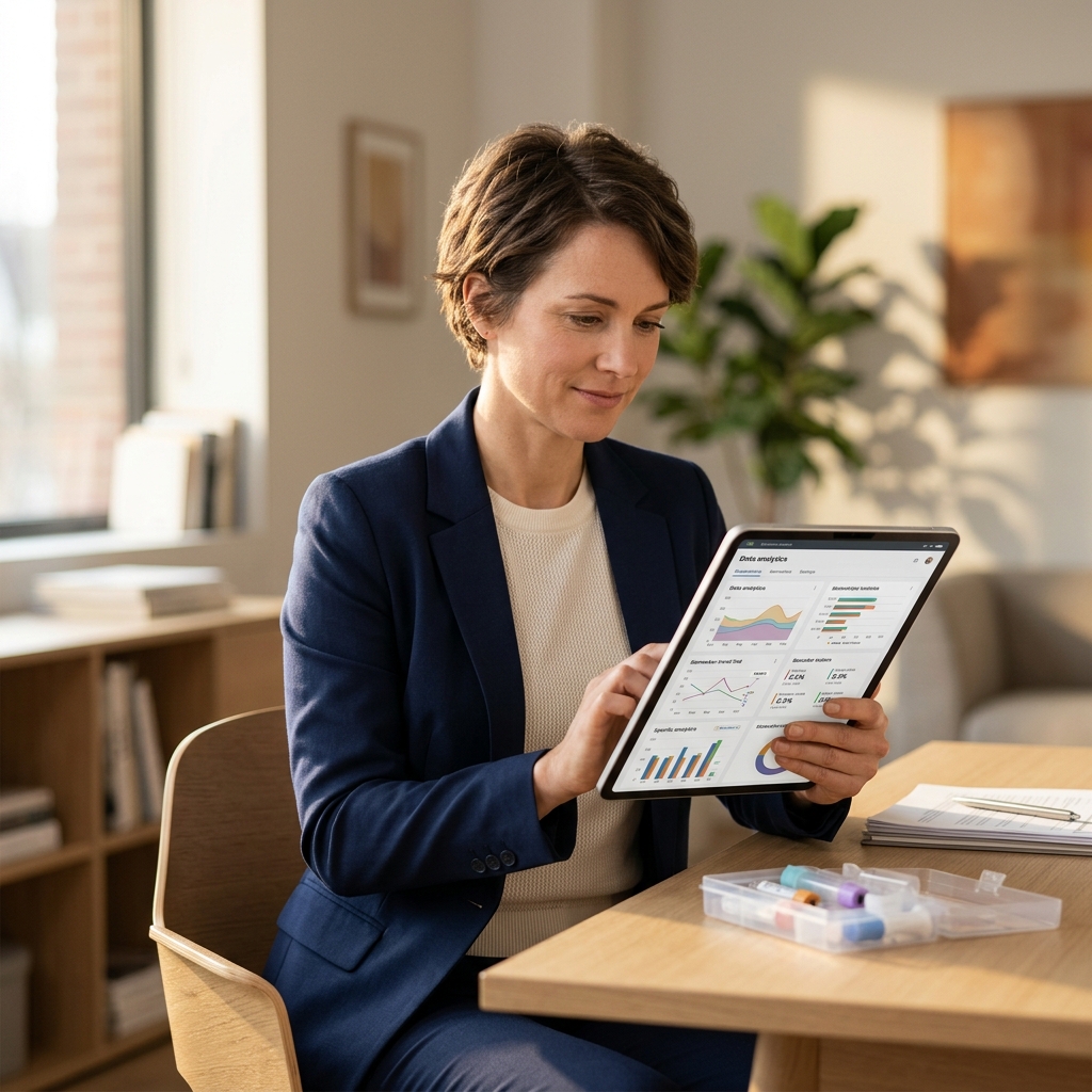 Professional reviewing personalized health biomarker data on tablet