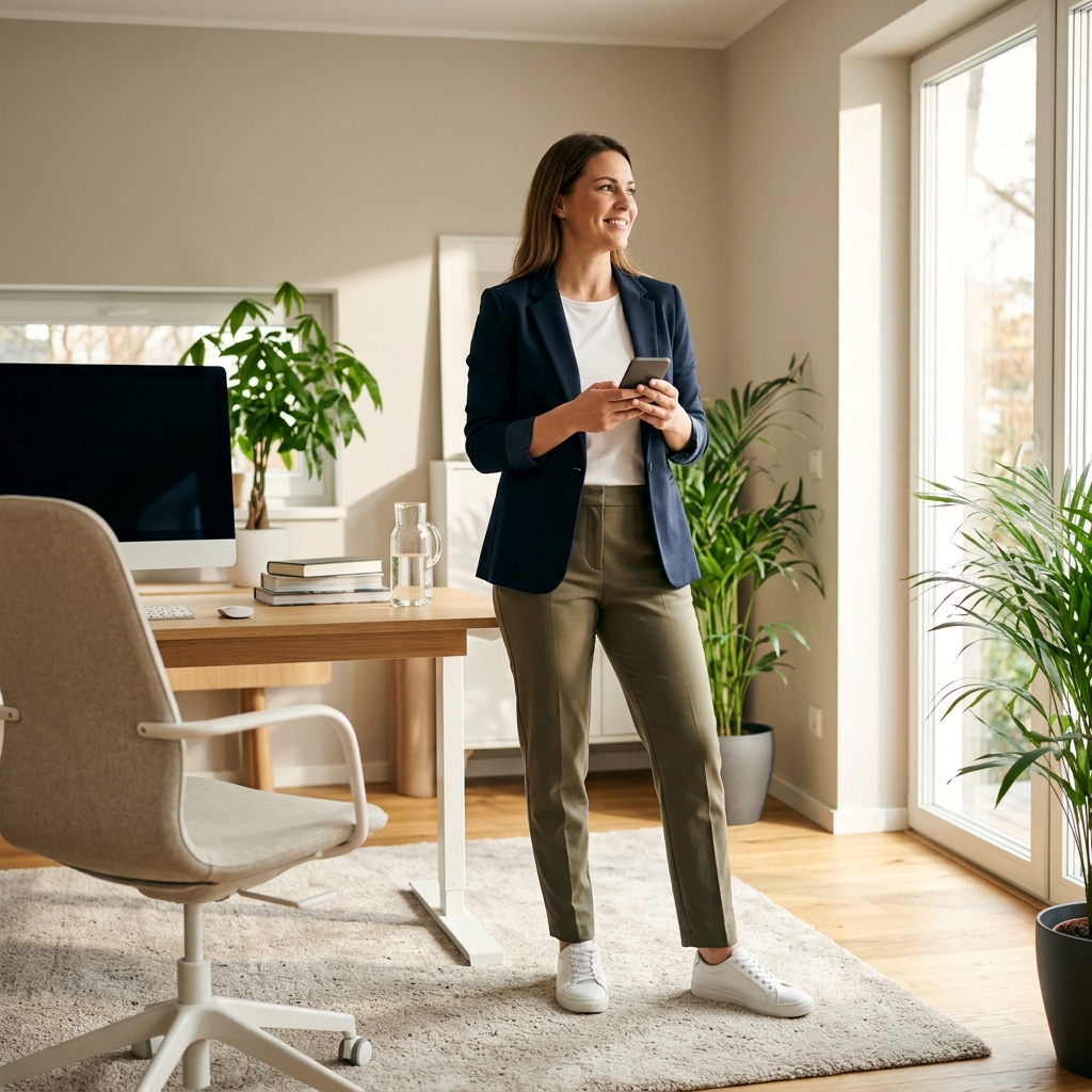 Active individual managing health tracking via smartphone in bright home
