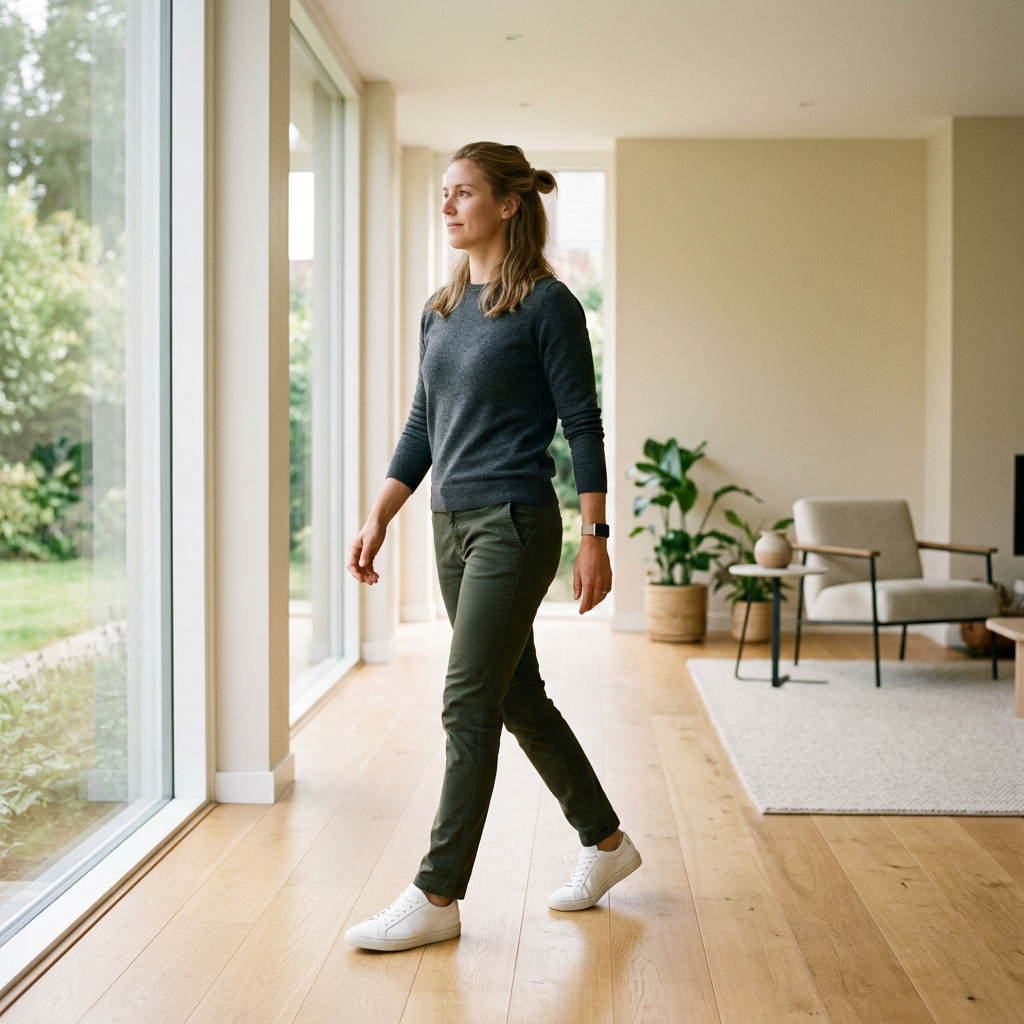 Active person walking through bright, modern home environment