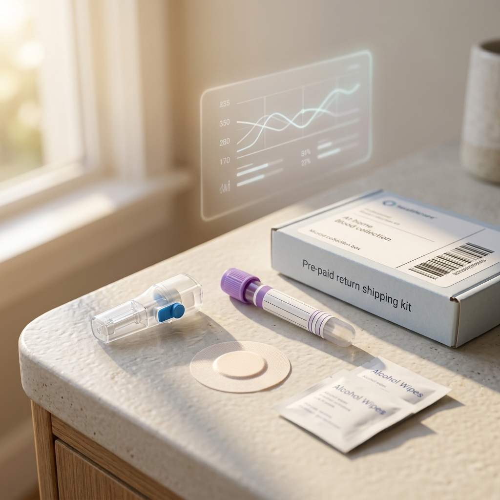 Blood collection kit on modern surface with data representation