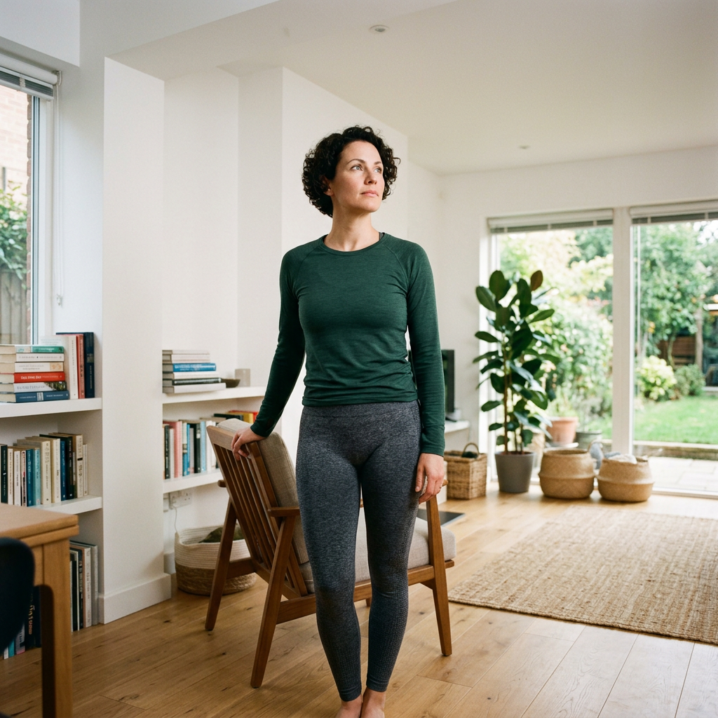 Active individual in bright home environment during wellness moment