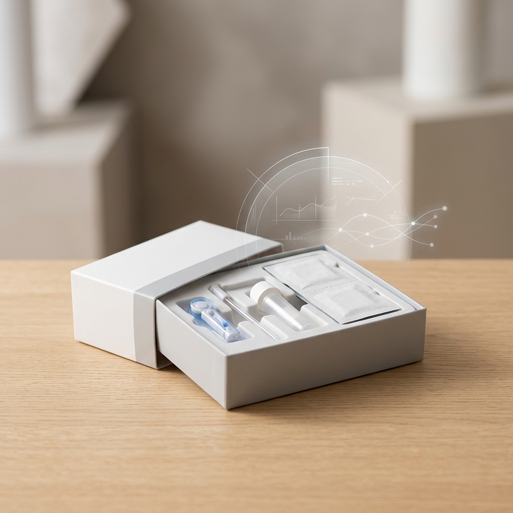 Discrete at-home blood testing kit on modern surface
