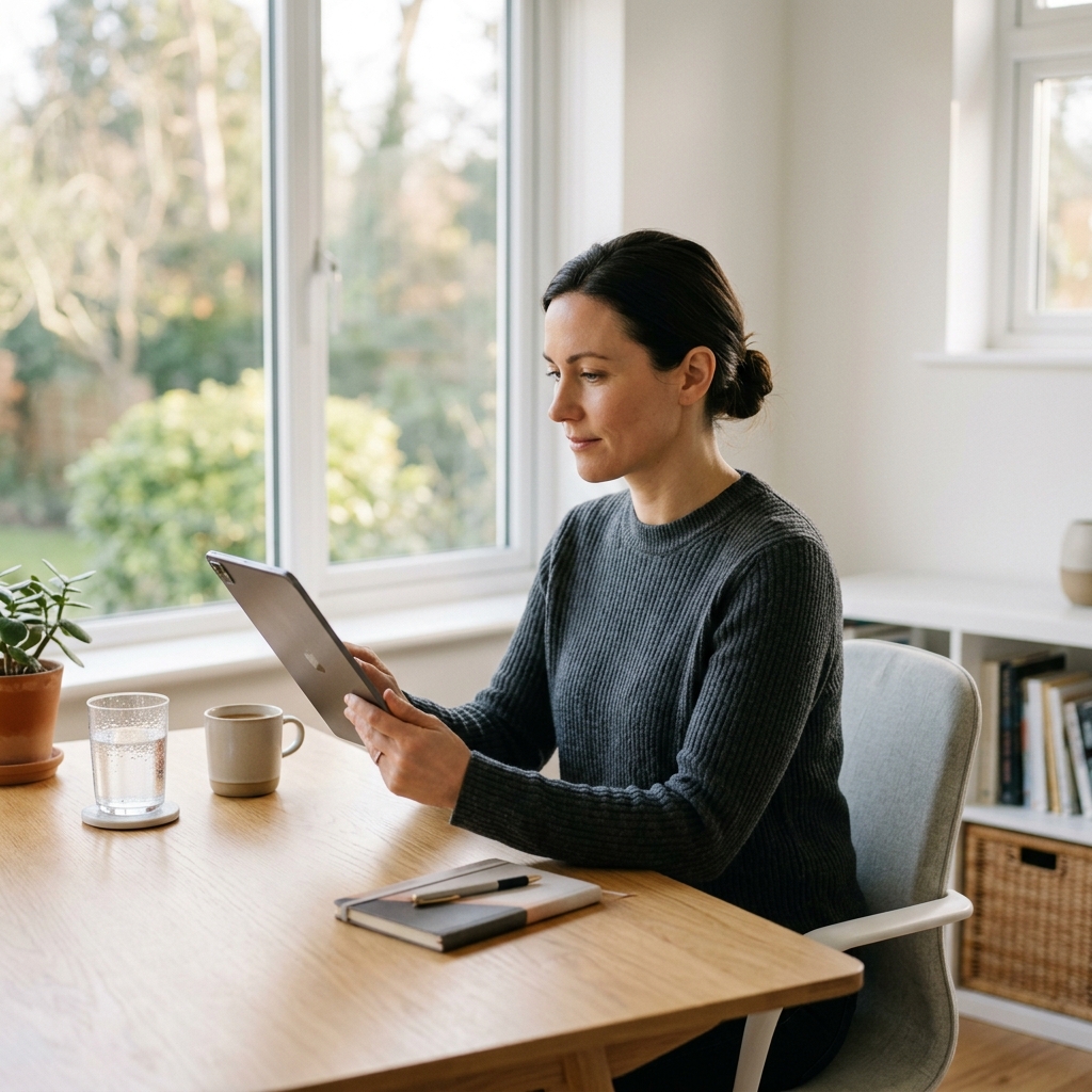 Woman reviewing health data on tablet in natural light