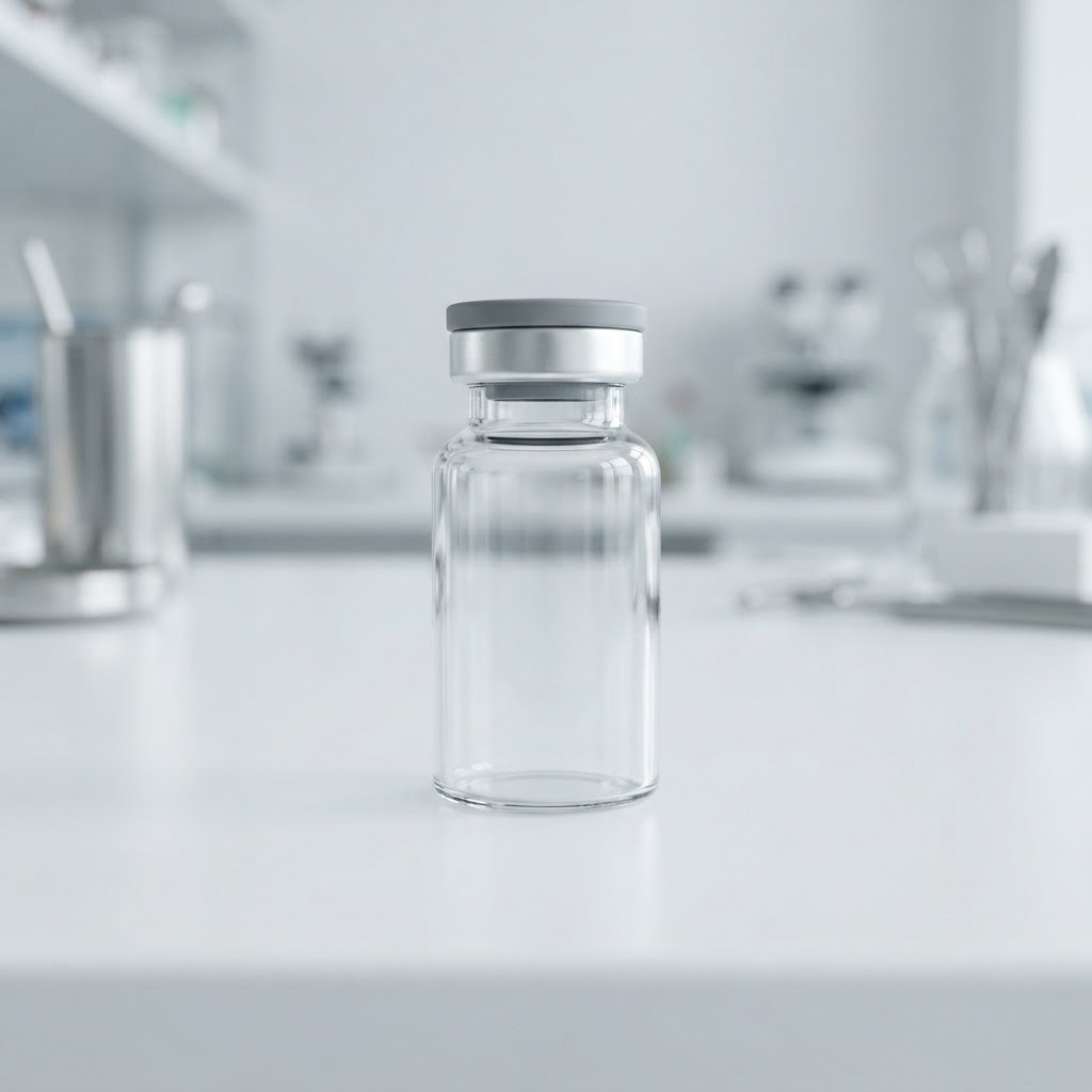 Single clean glass medical vial on white surface