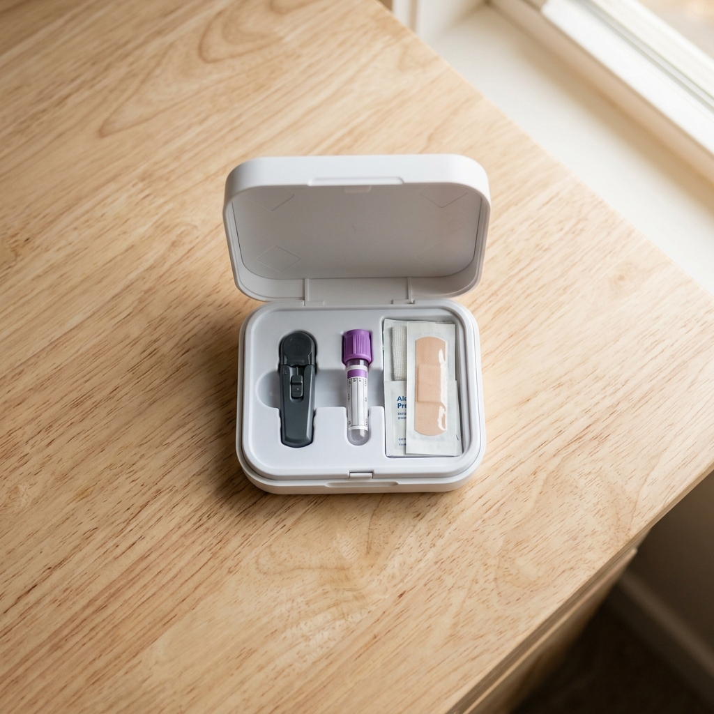 At-home blood collection kit on neutral surface