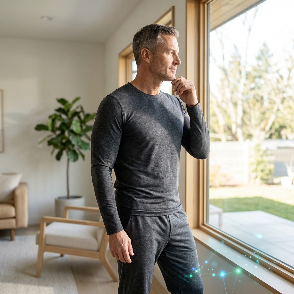 Active man reflecting on personal health progress indoors