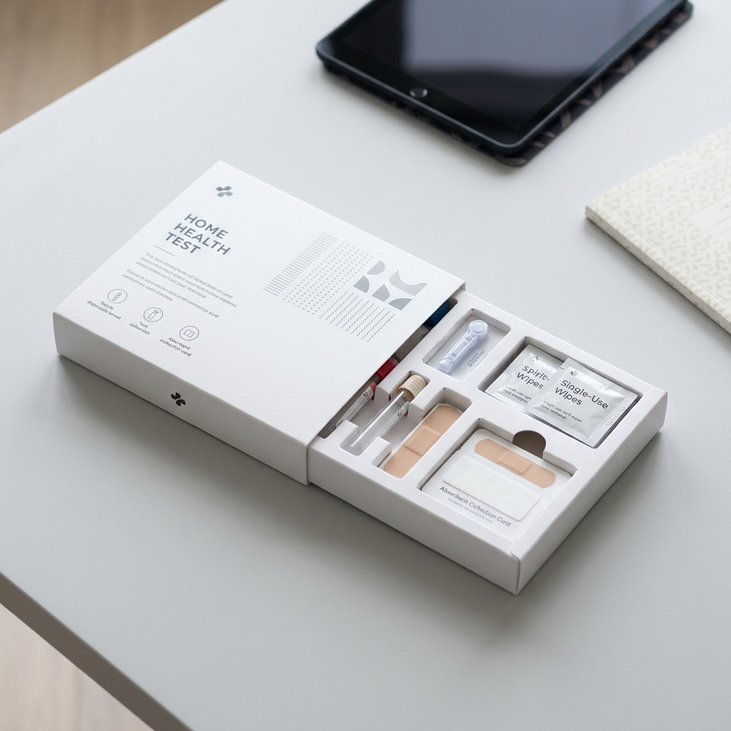 Blood test kit on modern minimalist surface