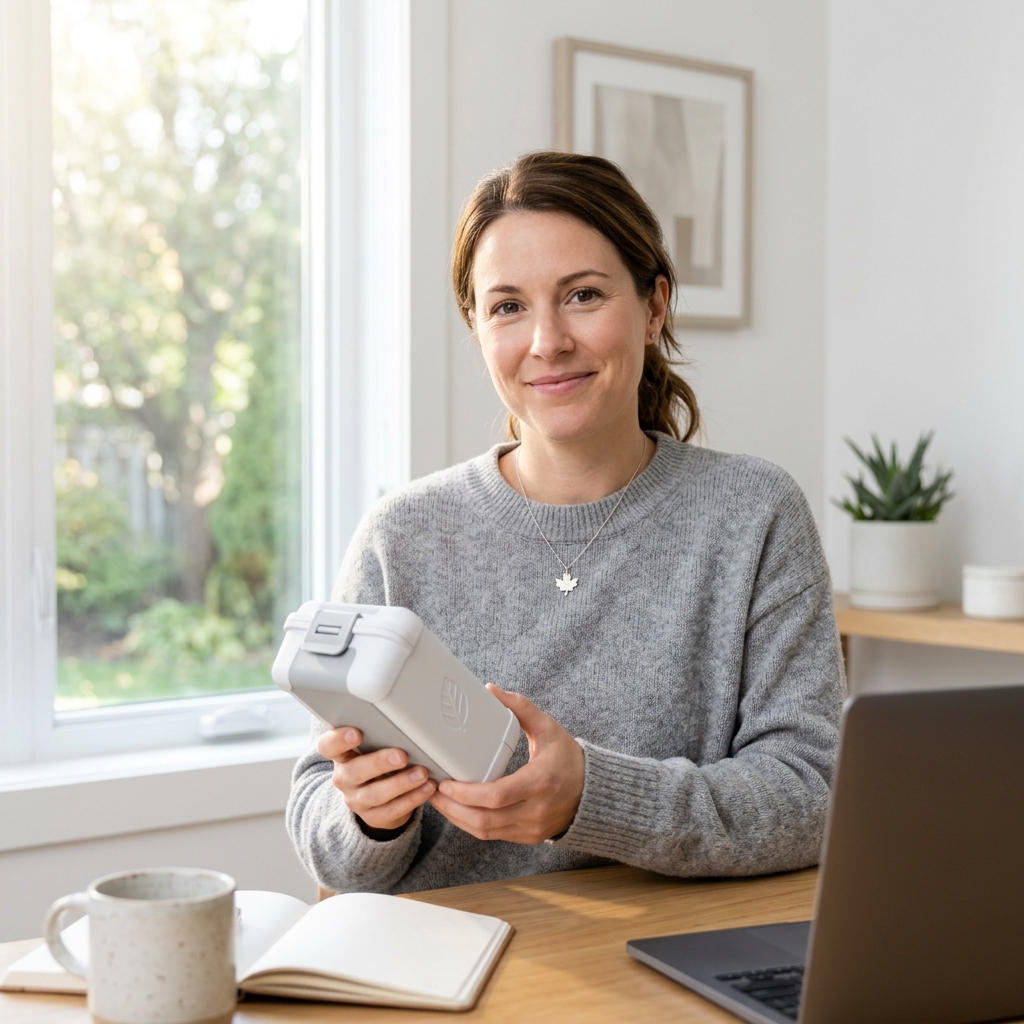 Woman holding blood collection kit at home desk