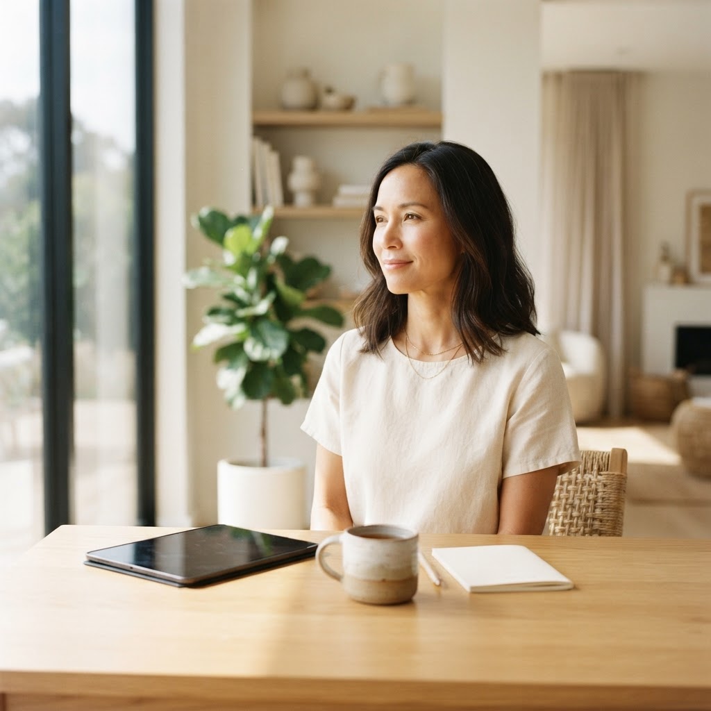 Person reflecting on their wellness in a sunlit room