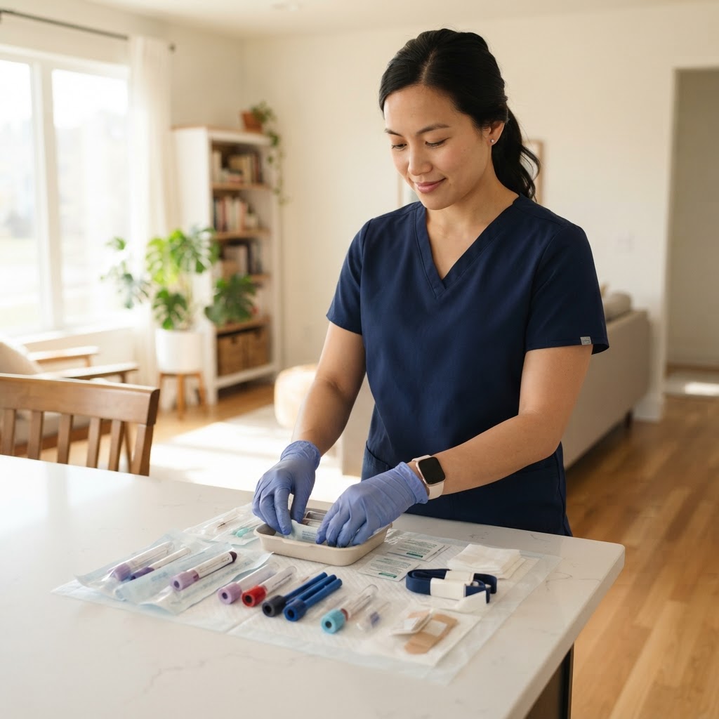 Professional phlebotomist preparing clinical equipment in a sunlit home