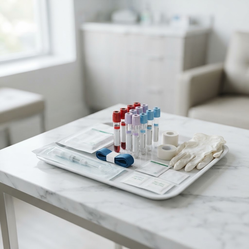 Professional sterile medical kit on a minimalist table