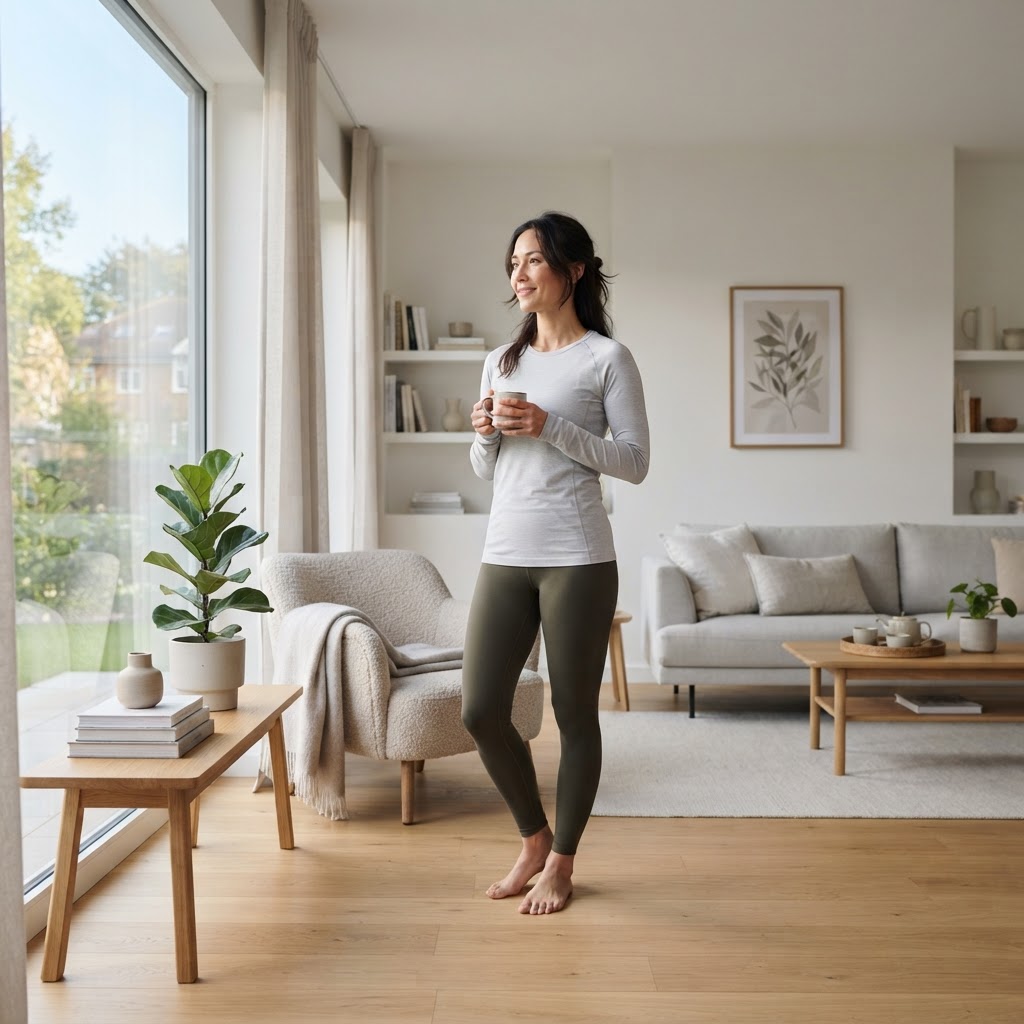 A healthy person standing in a bright minimalist room