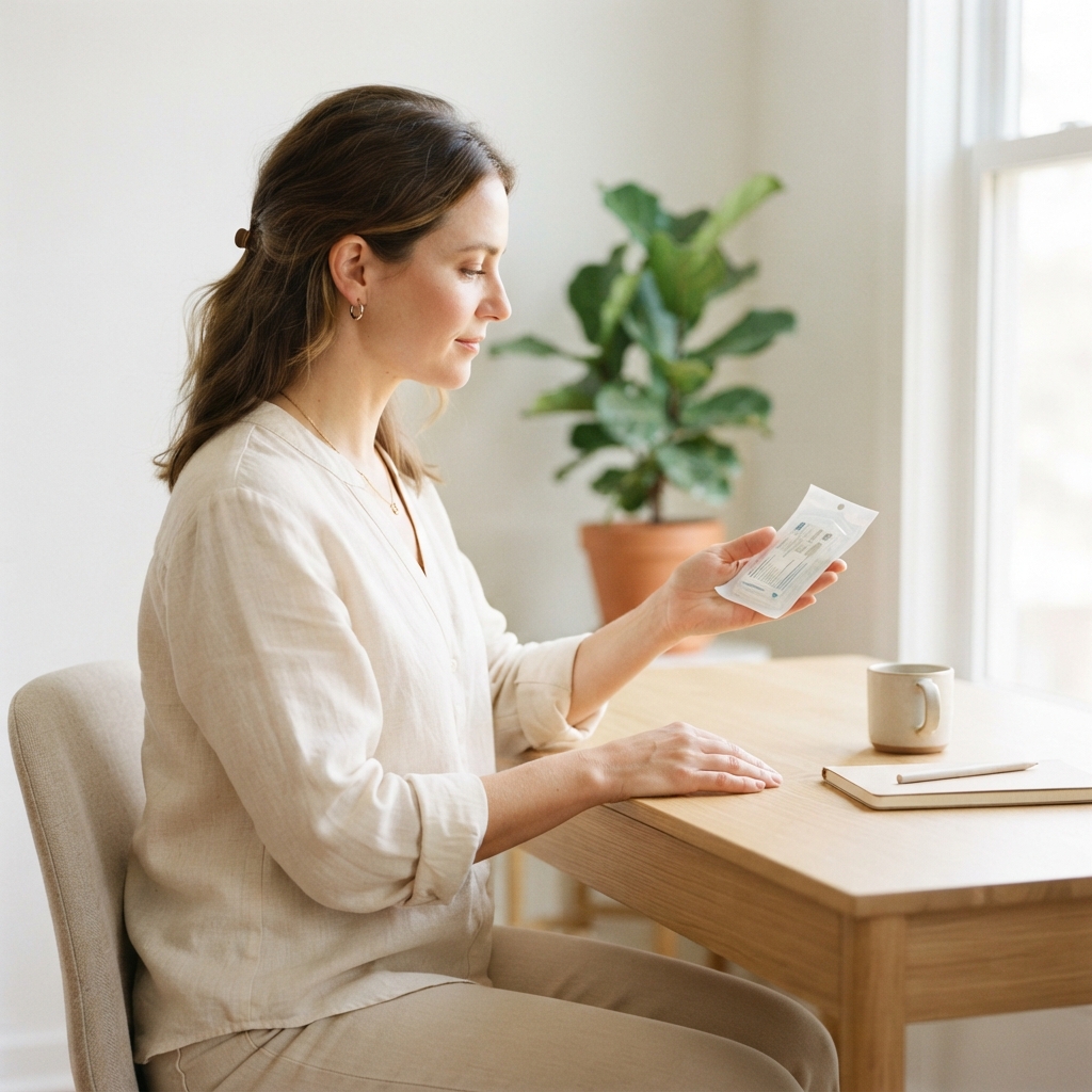 Person holding a sterile health collection kit at a desk
