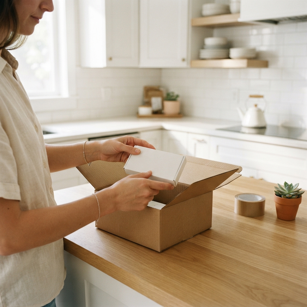 Individual preparing a health test kit for mailing
