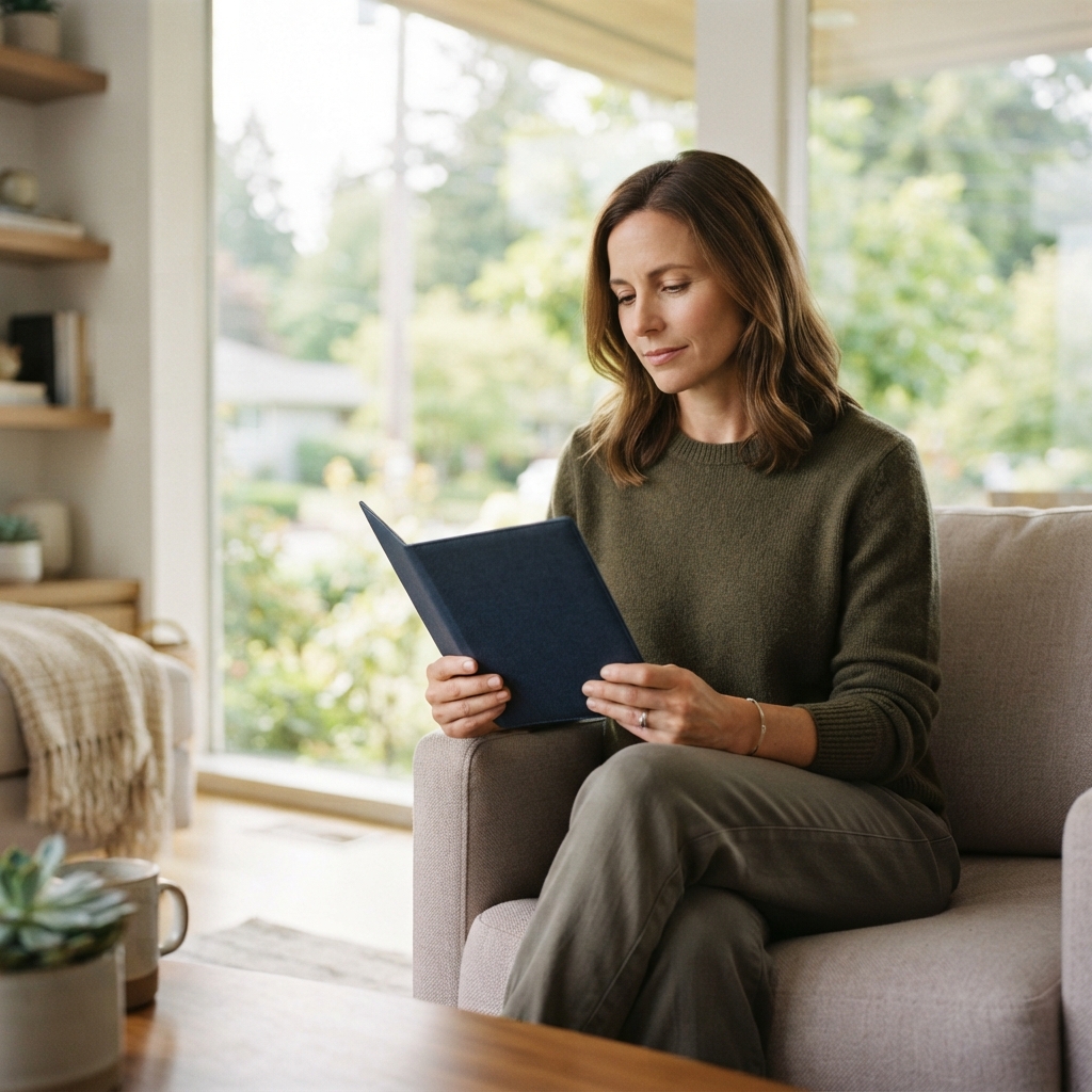 Person thoughtfully reviewing health documents in a bright home