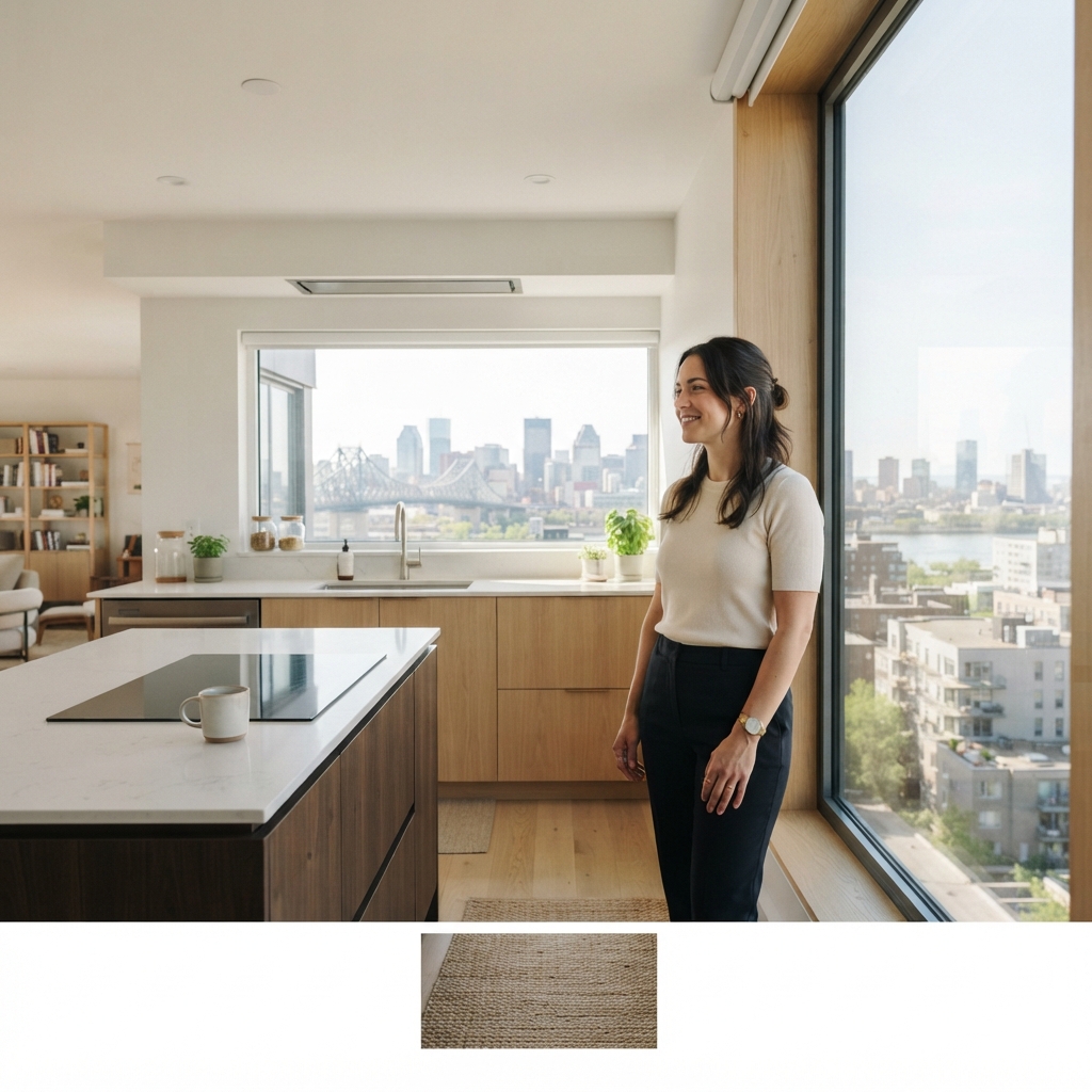 Person standing in a sunlit modern kitchen reflecting on health
