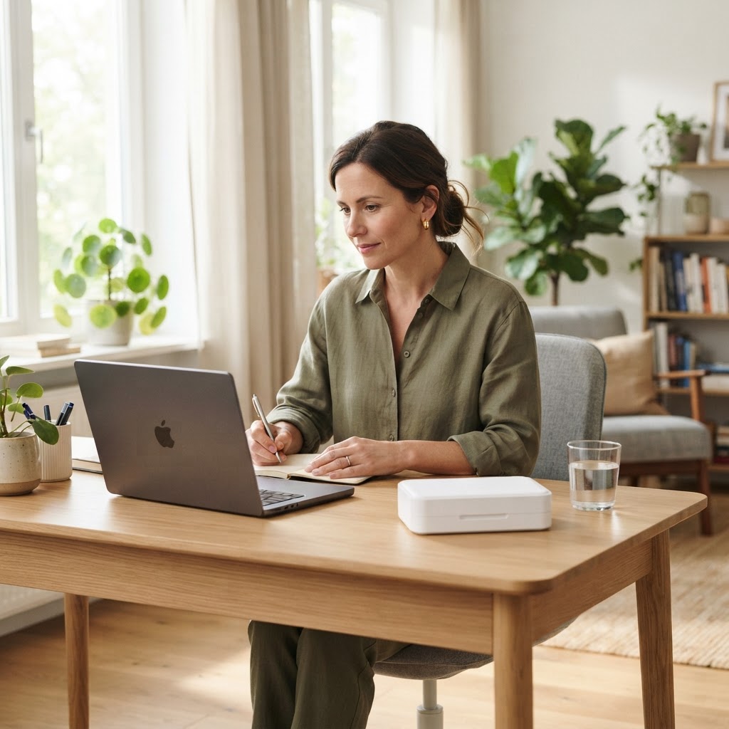 Professional at home health testing kit on a clean desk