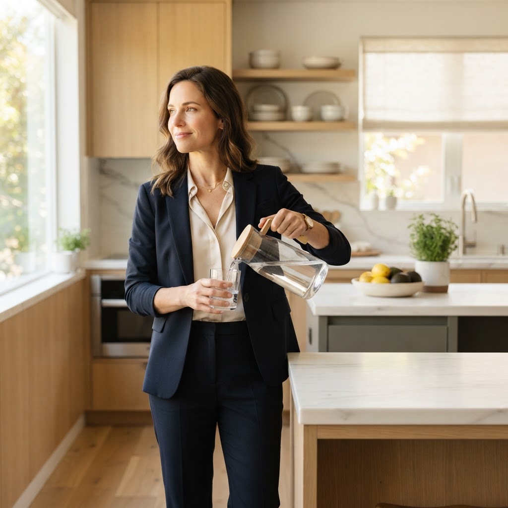 Professional in a modern kitchen preparing for a healthy day