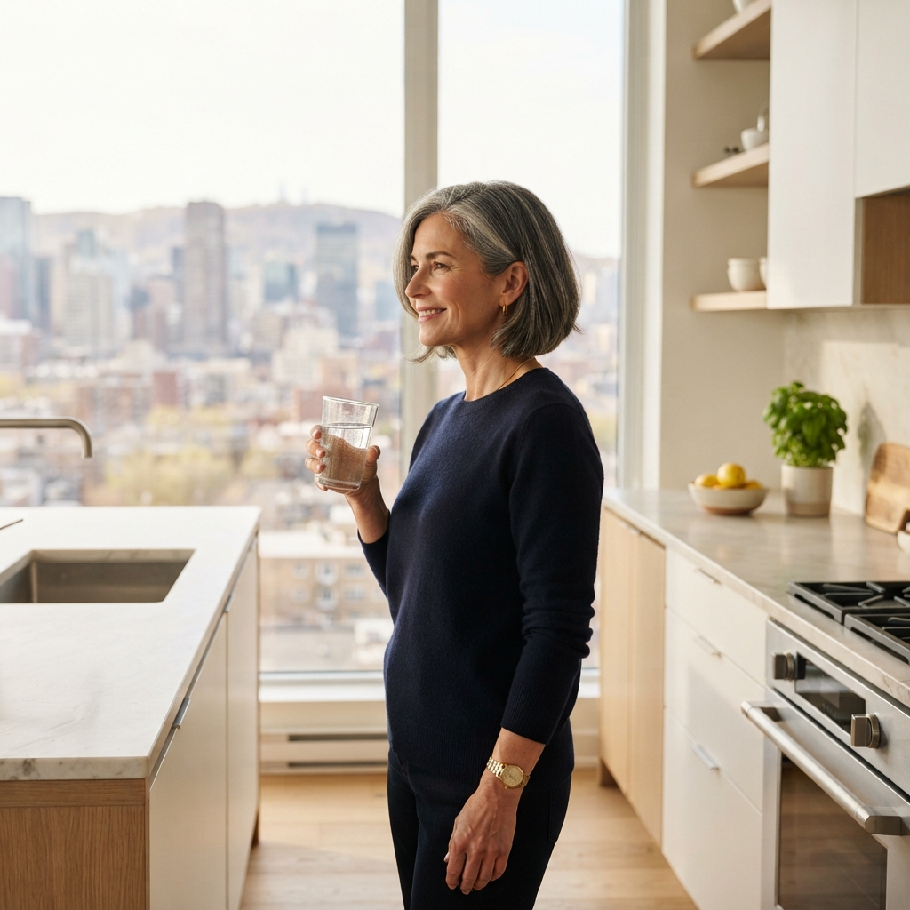 Professional standing in a sunlit modern kitchen