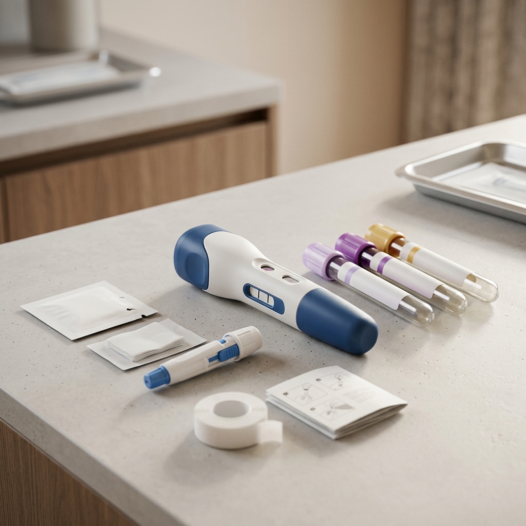 Discrete home blood collection kit in professional lighting