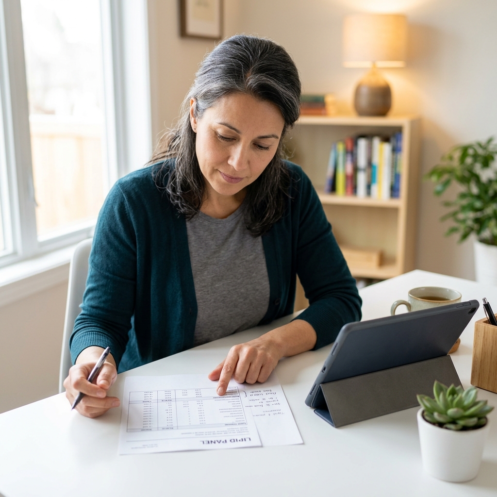 Woman reviewing cholesterol blood test results at home desk