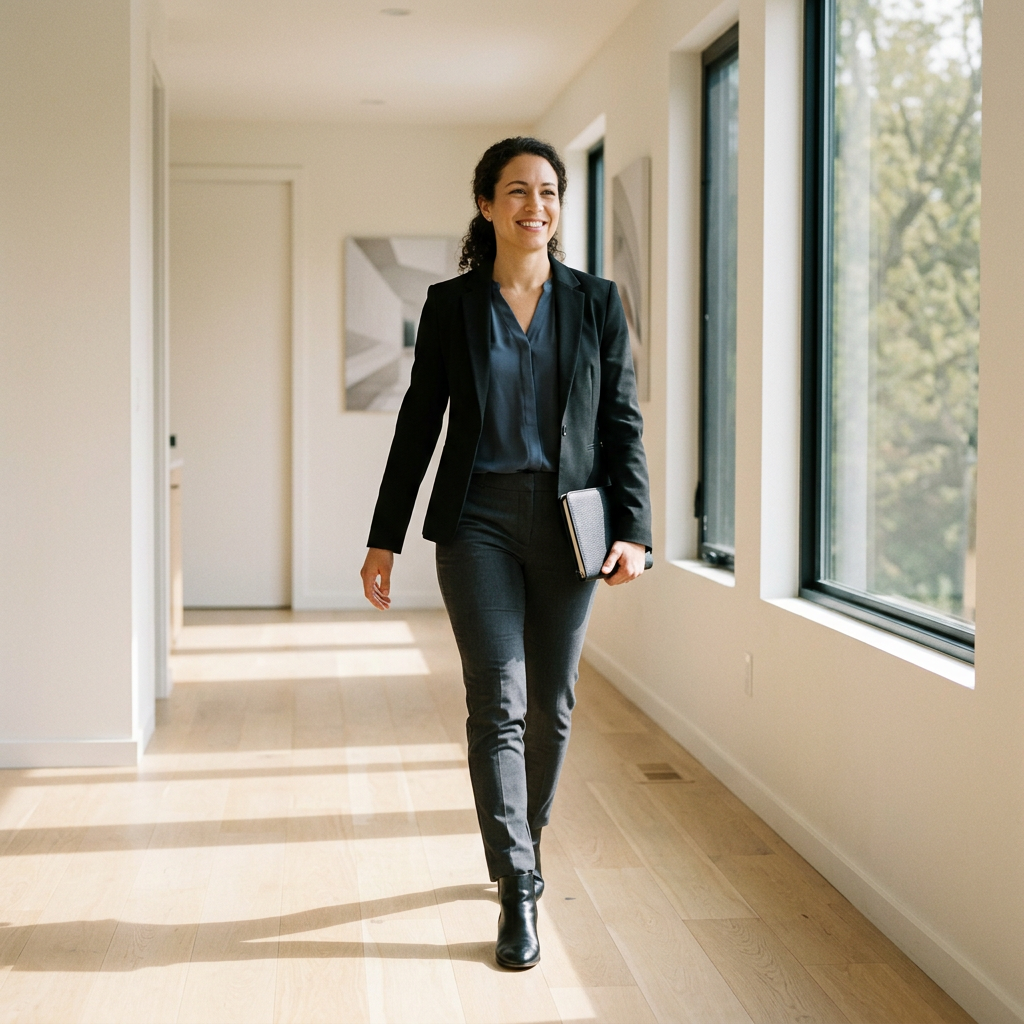 Empowered person moving through bright modern space