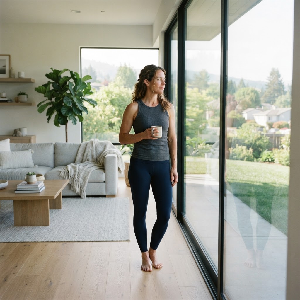Person standing in a bright minimalist living room