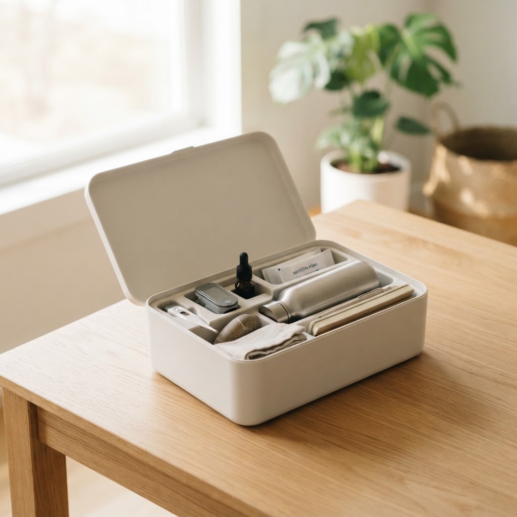 Proactive health testing kit on a wooden surface