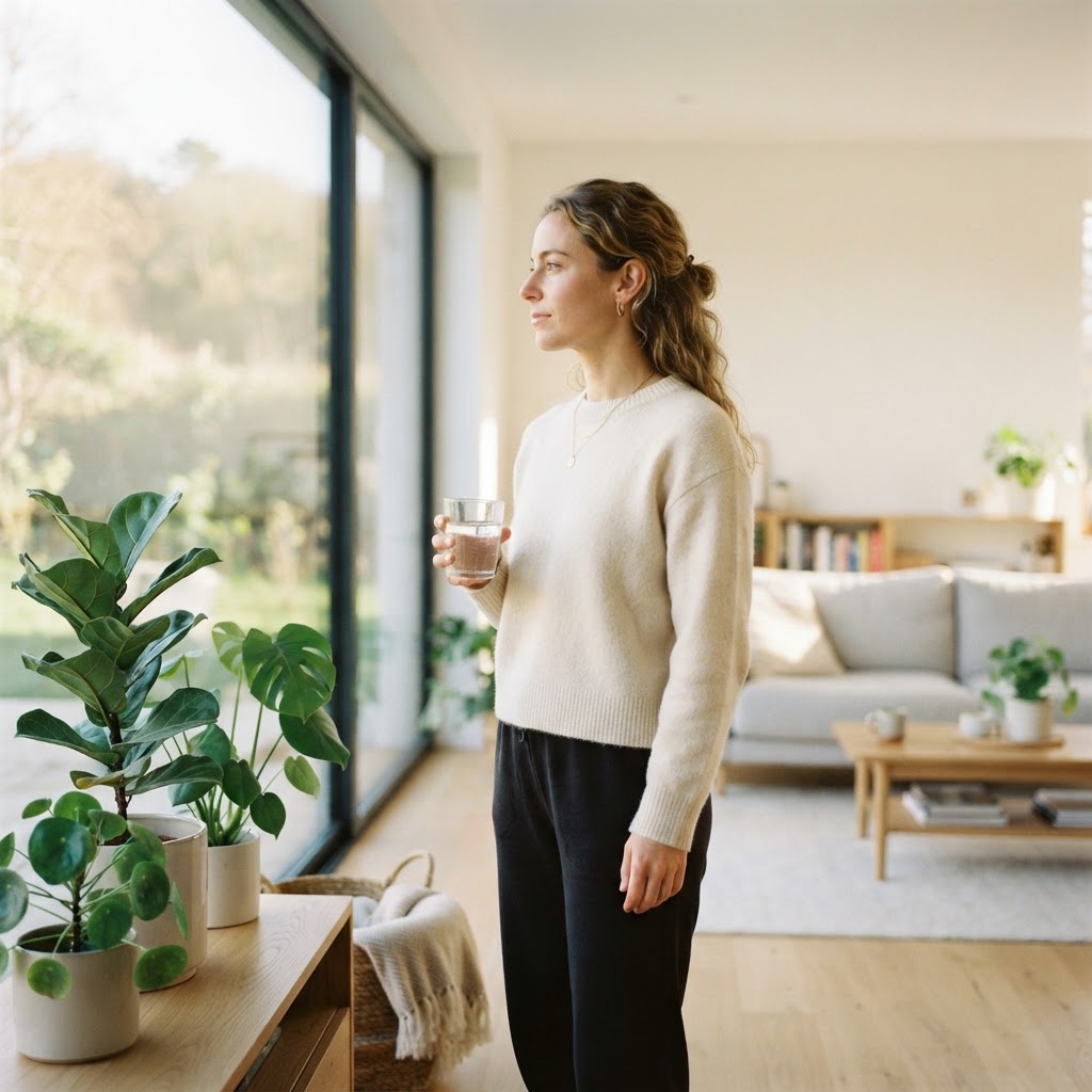 A healthy person reflecting calmly in a modern room