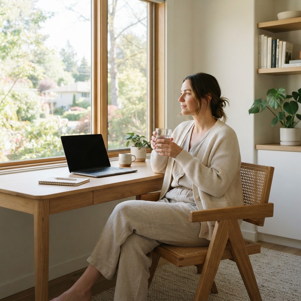 A healthy professional resting in a bright home office
