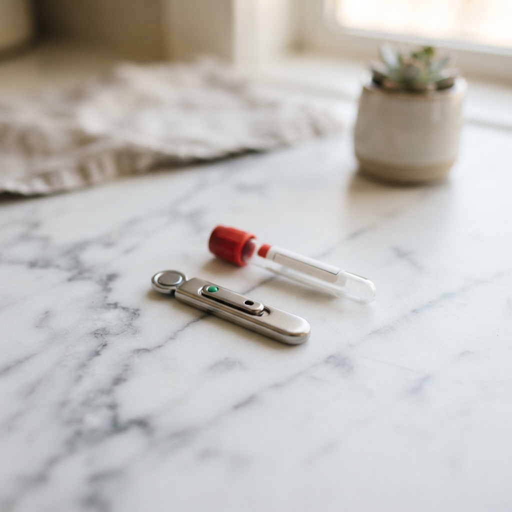 Close up of clinical blood collection tools on marble