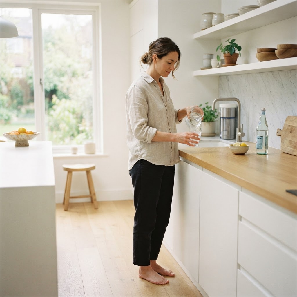 A healthy person in a bright modern kitchen