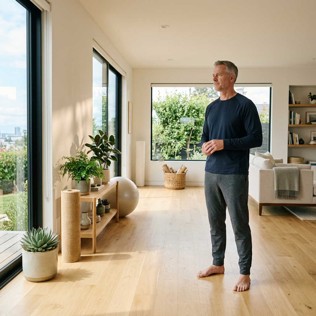 Confident individual in bright home environment reflecting wellness empowerment
