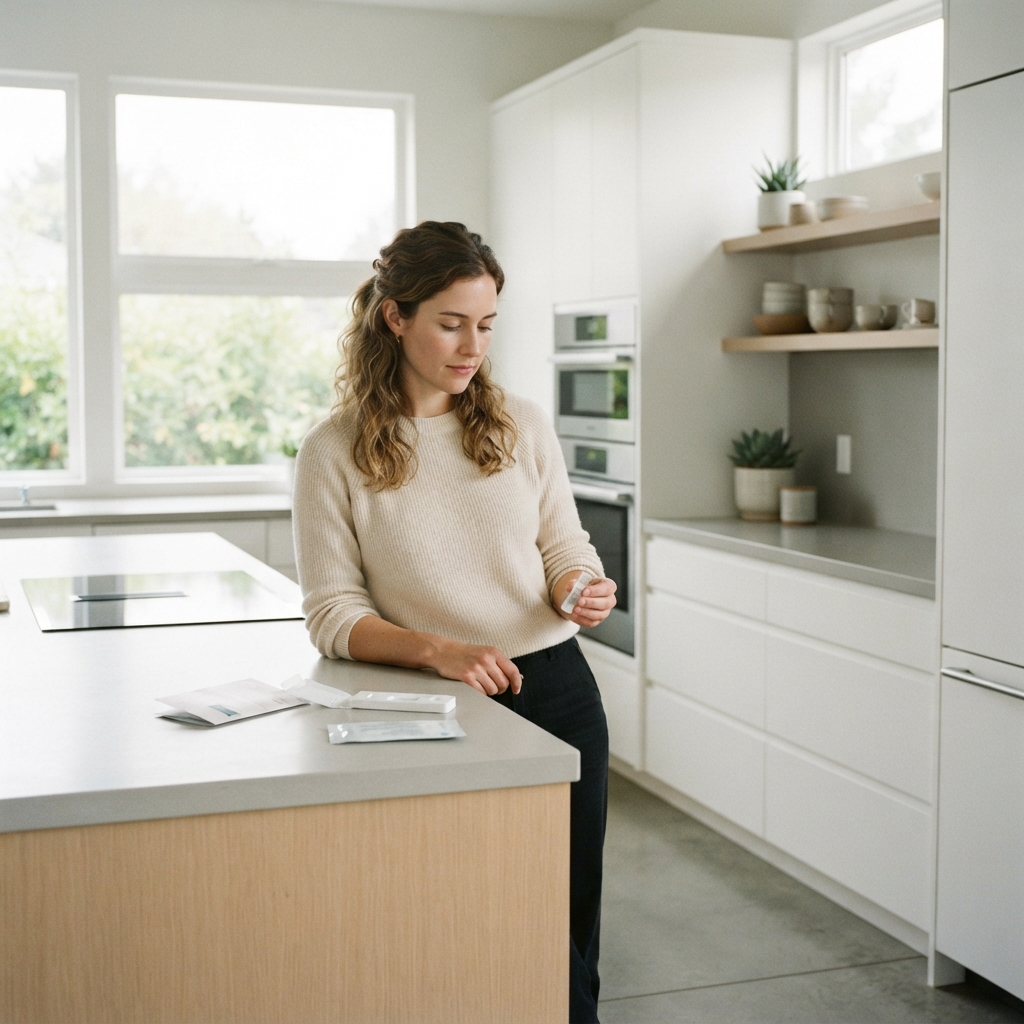 Person preparing for a health test in a bright home