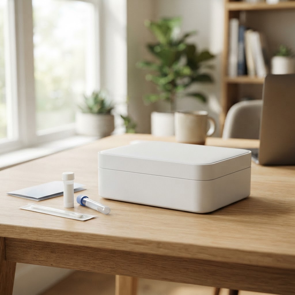Professional health testing kit on a modern wooden table