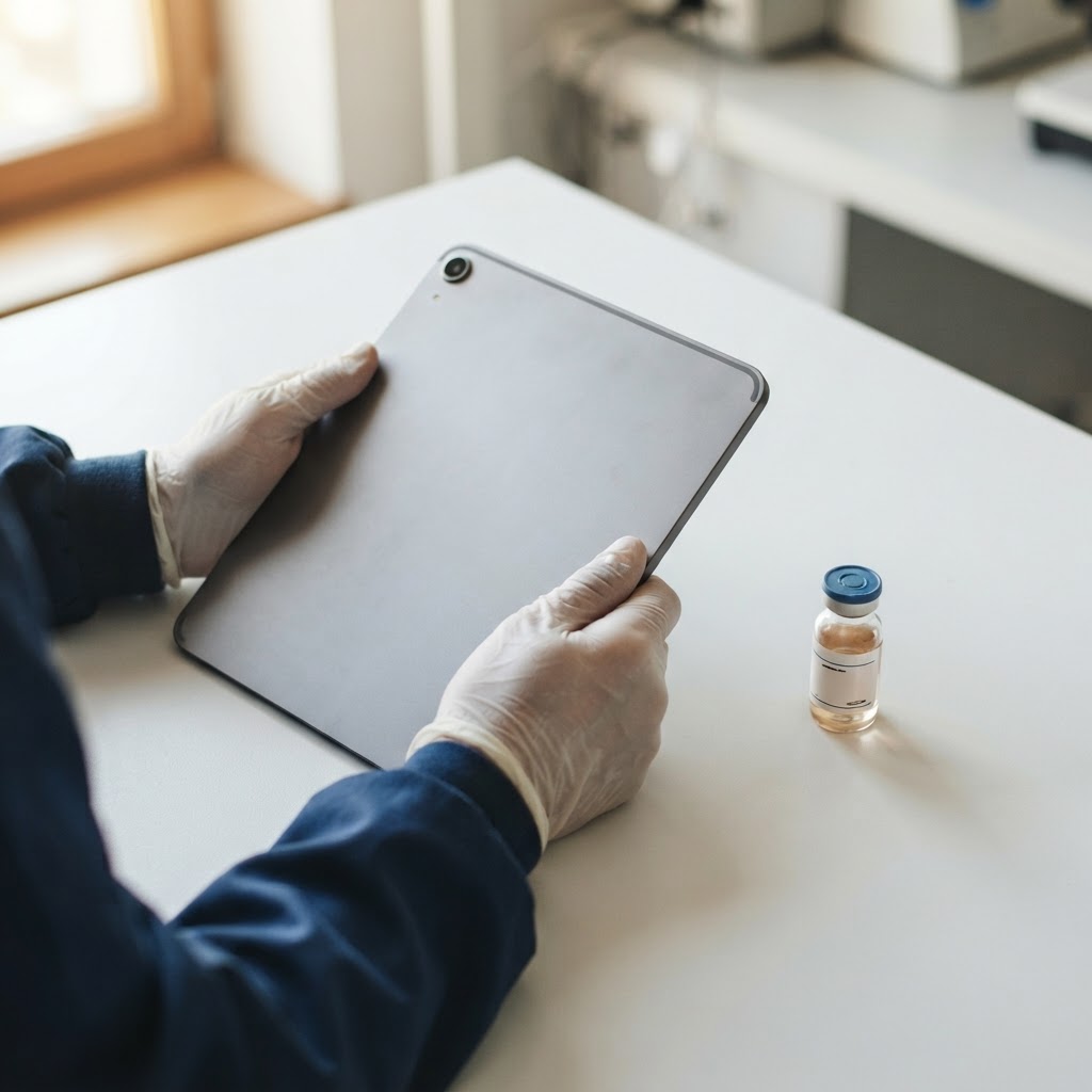 Tablet and medical testing supplies on a white surface
