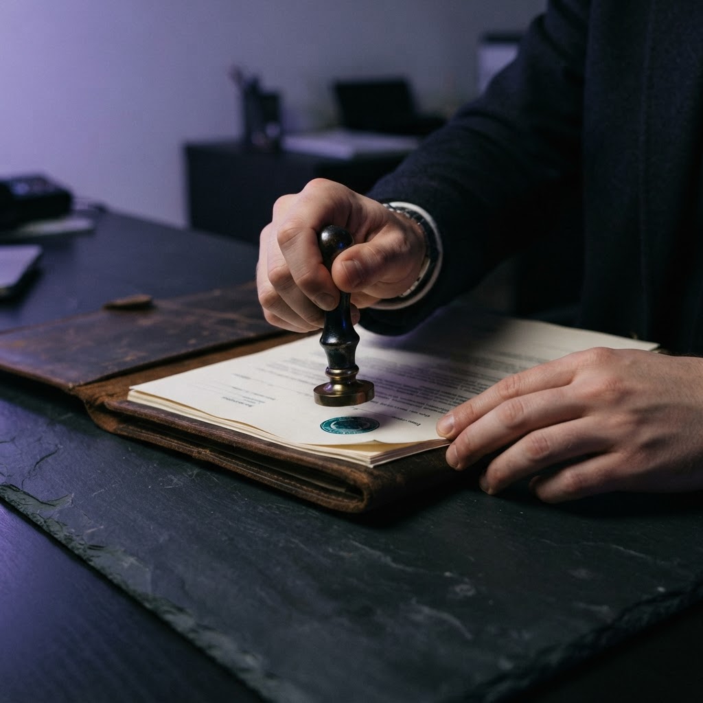 Hands stamping a folder with teal ink