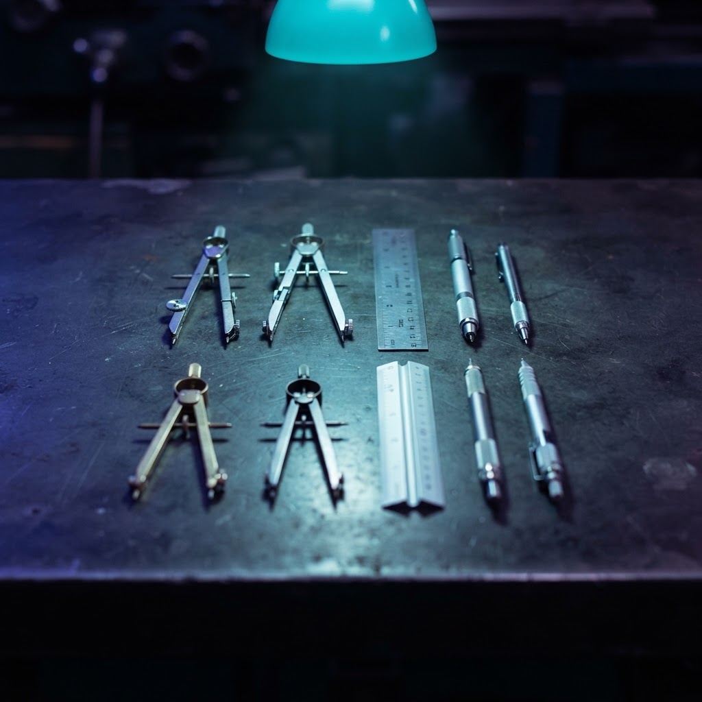 Close up of metal drafting tools arranged on a dark desk