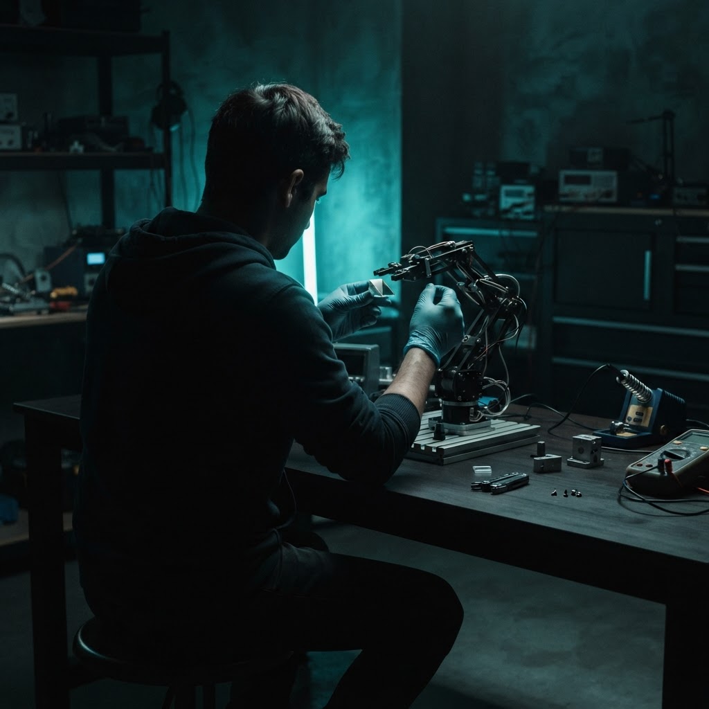 Developer adjusting a metallic component in a dimly lit workspace