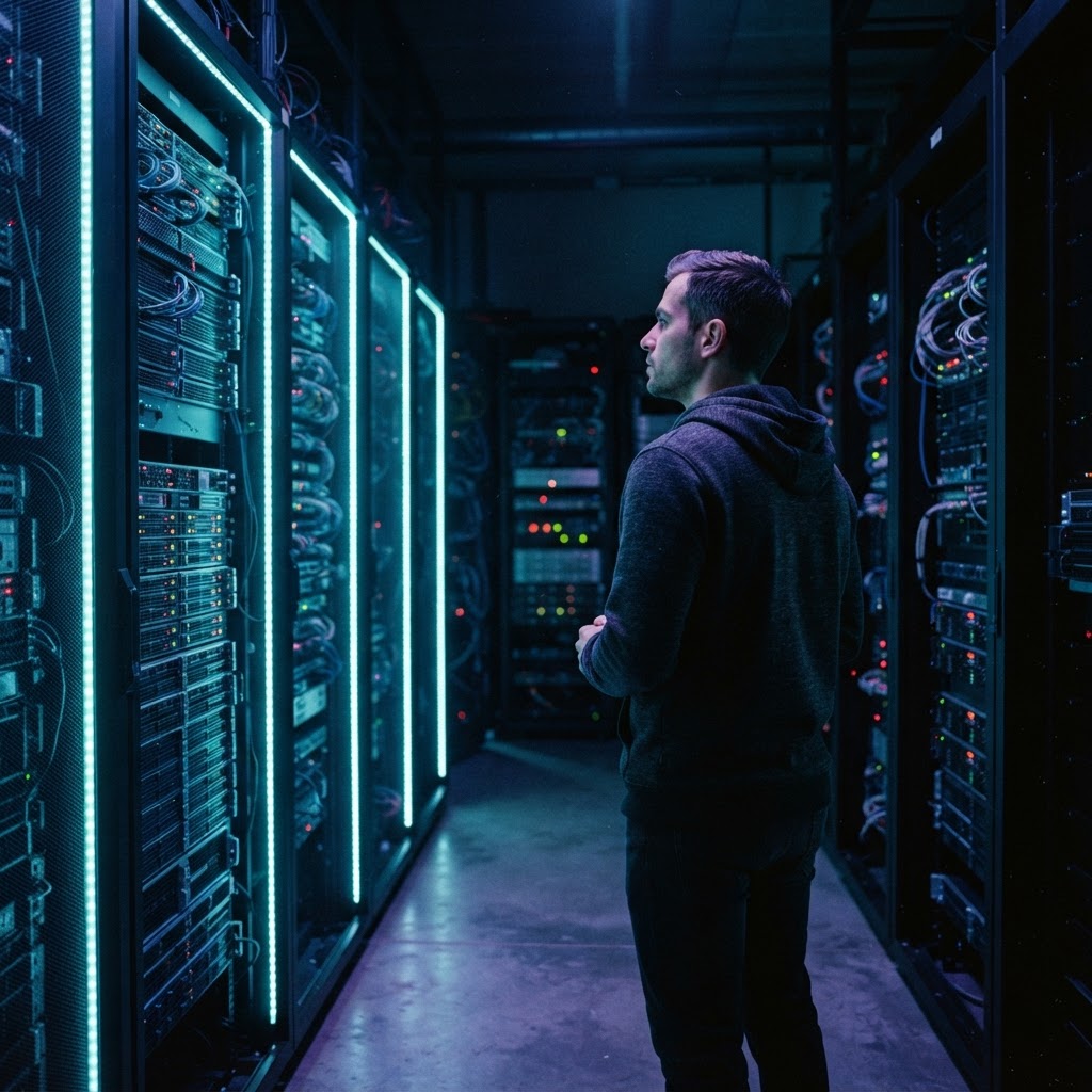 Developer standing in a dimly lit server room at night