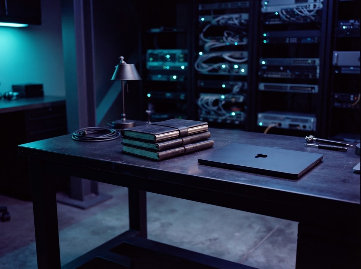 Dark desk setup with engineering journals and a closed laptop at night