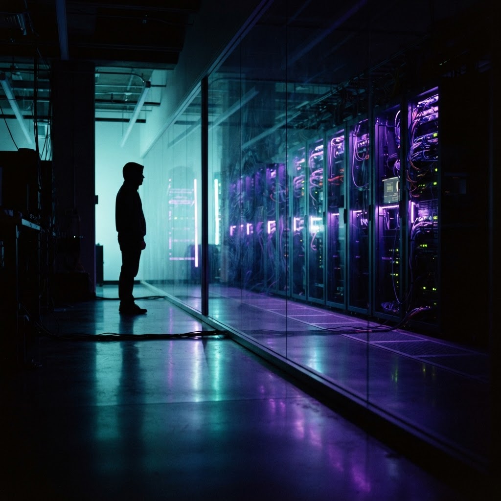 Developer silhouette observing a glowing server rack in a dark studio