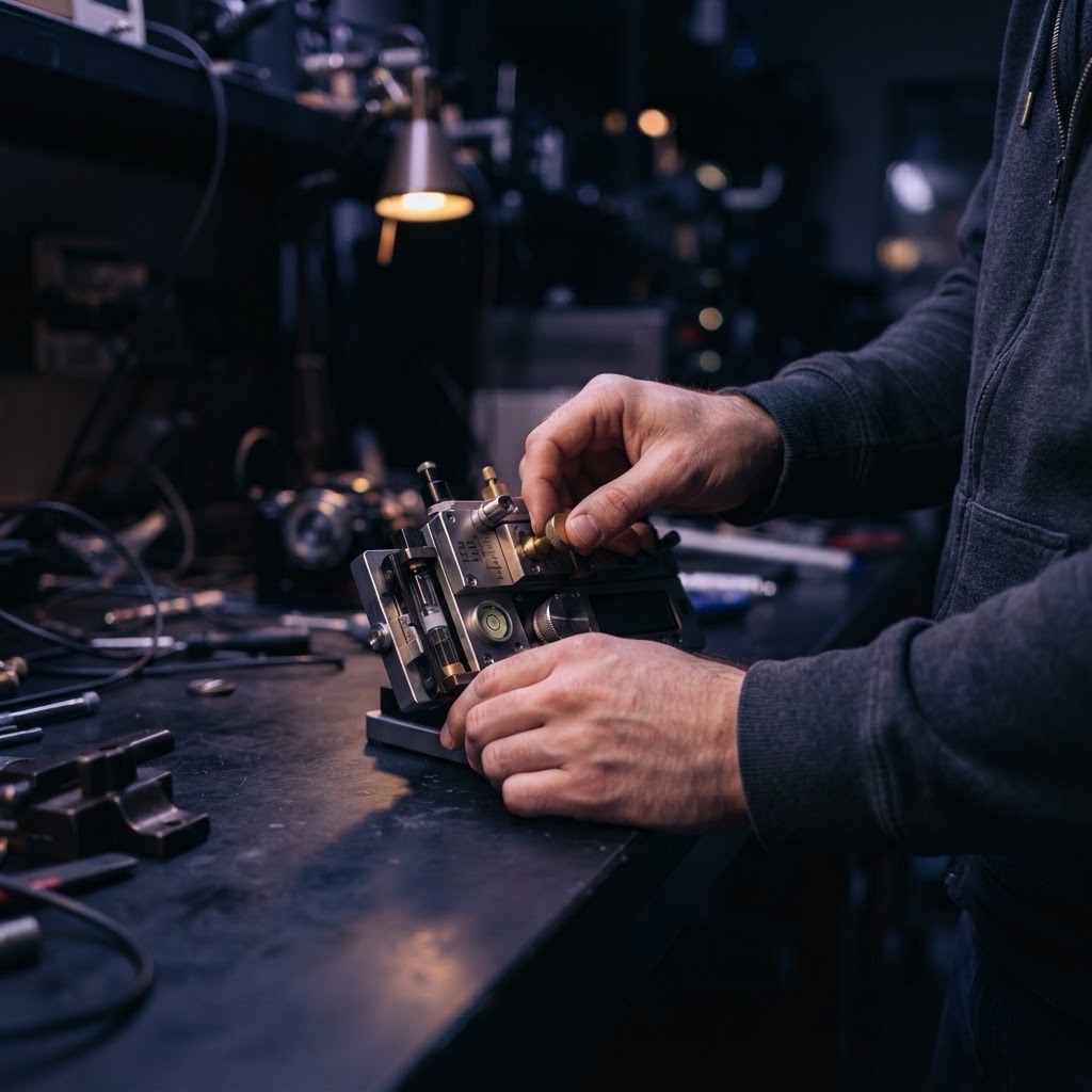 Hands adjusting a precision metal tool on a dark workspace desk