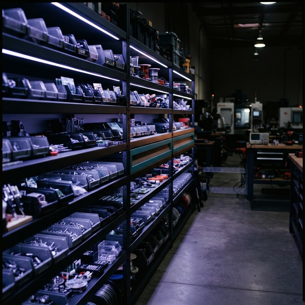 Clean server hardware components on dark industrial shelving