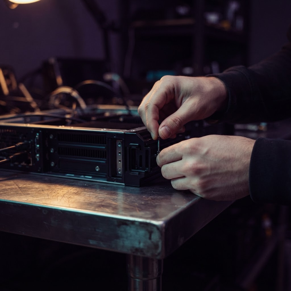 Close up of hands adjusting a modular server component