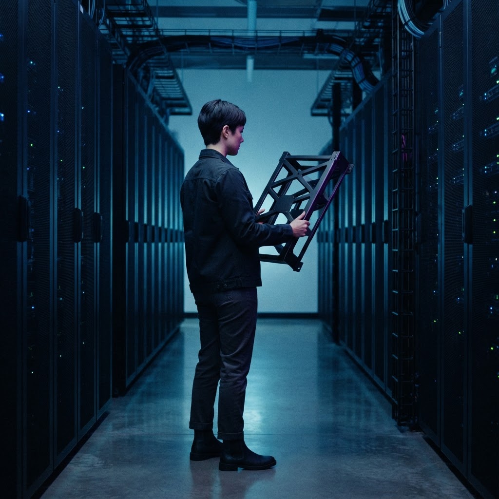 Developer holding a server frame in a dark data center