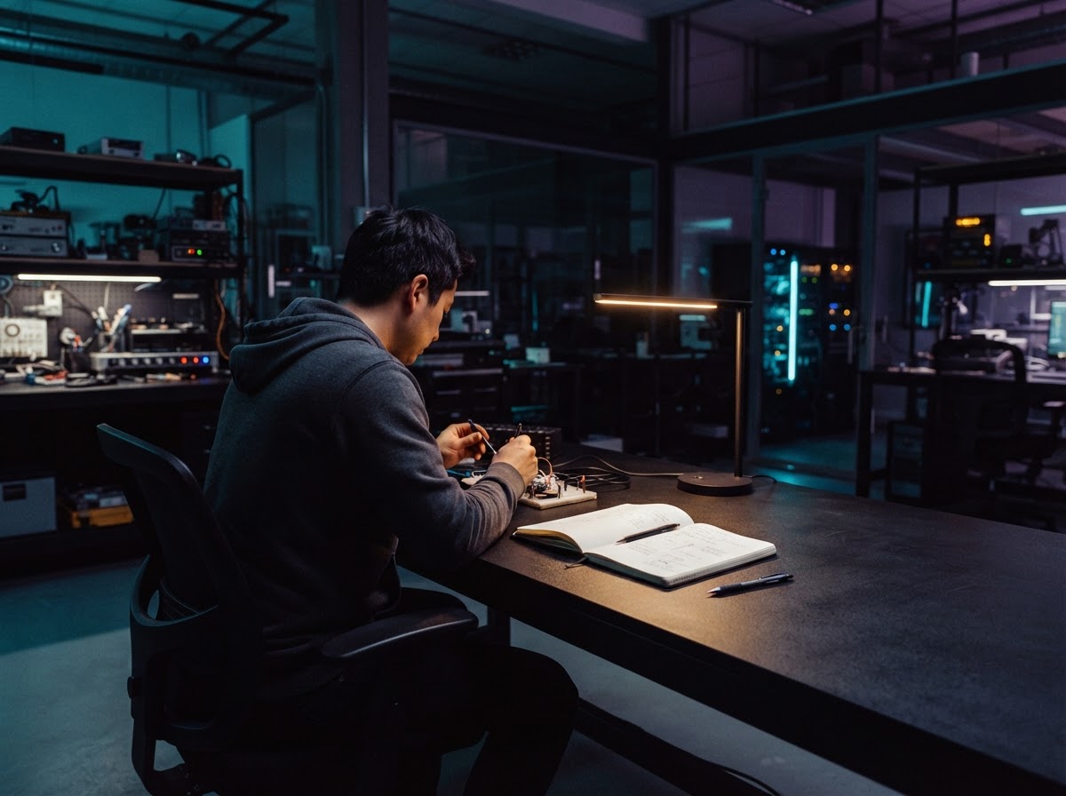 Developer working at an industrial desk at night
