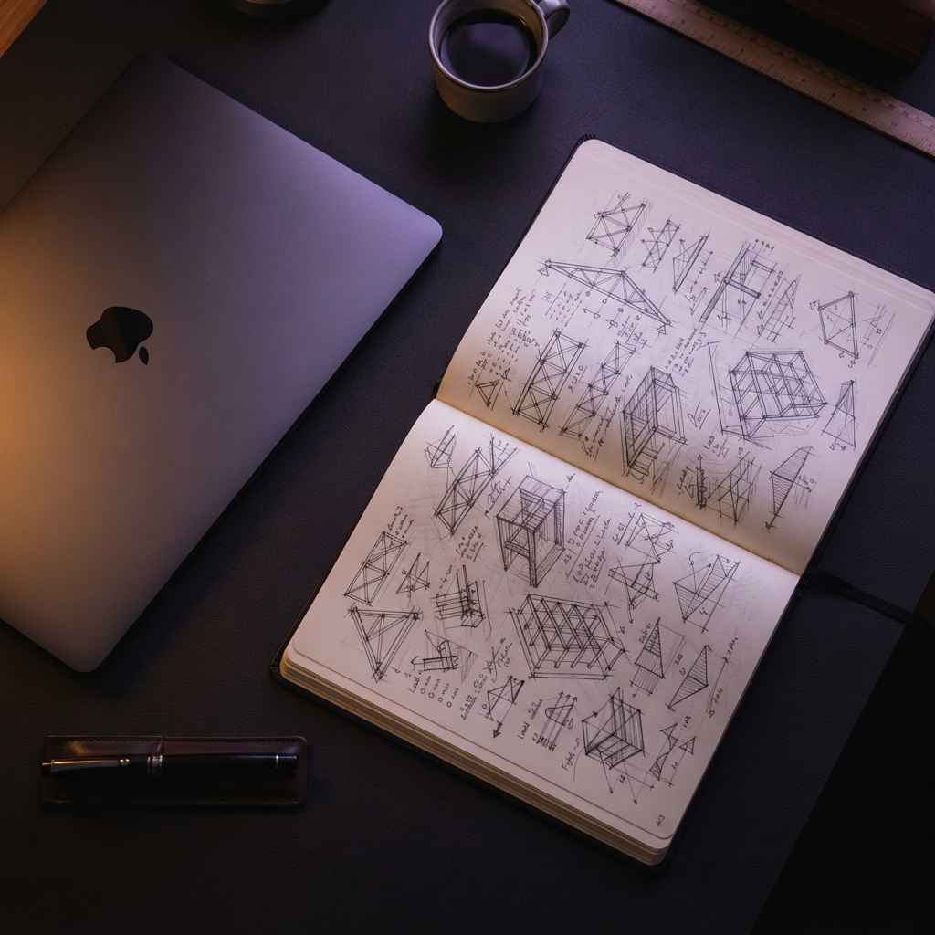 Developer engineering notebook on a desk at night